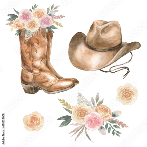 Cowboy boots and hat with floral decoration. Watercolor illustrations