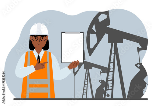 A female refinery engineer worker uses a tableted oil pumping unit. Energy industrial zone, oil drilling.