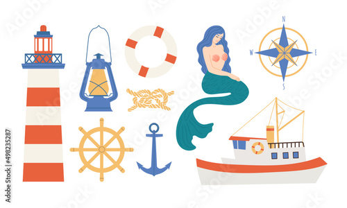 Set of various  nautical elements . Vector hand drawn illustration in flat cartoon style. All elements are isolated on white background.
