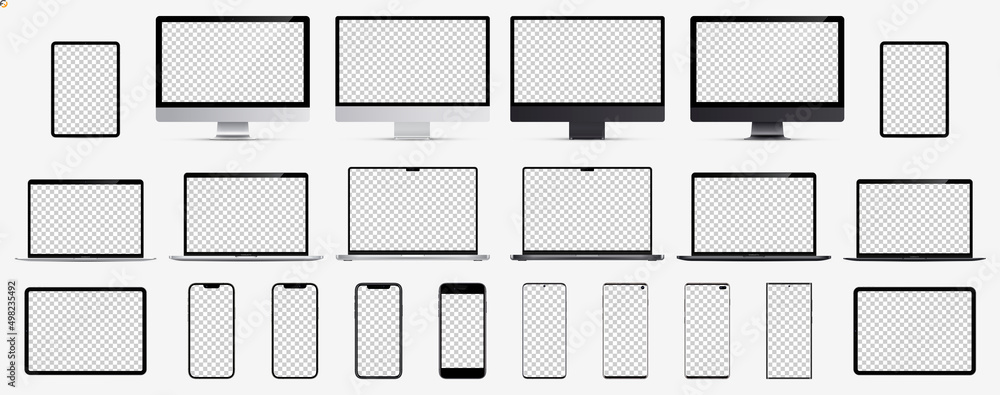 Screen mockup 2022. Smartphone 8 pc, tablet, laptop and monoblock monitor silver and black color with blank screen for you design. Vector illustration ai 10, eps 10 - obrazy, fototapety, plakaty 