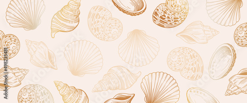 Sea shells horizontal, artistic, colorful, abstract, background banner. Light background.