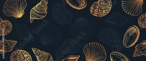 Sea shells horizontal, artistic, colorful, abstract, background banner. Dark background.