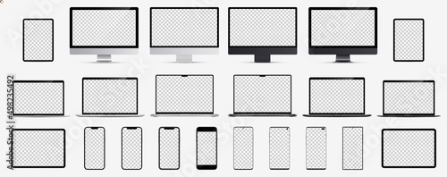 Screen mockup 2022. Smartphone 8 pc, tablet, laptop and monoblock monitor silver and black color with blank screen for you design. Vector illustration ai 10, eps 10 photo