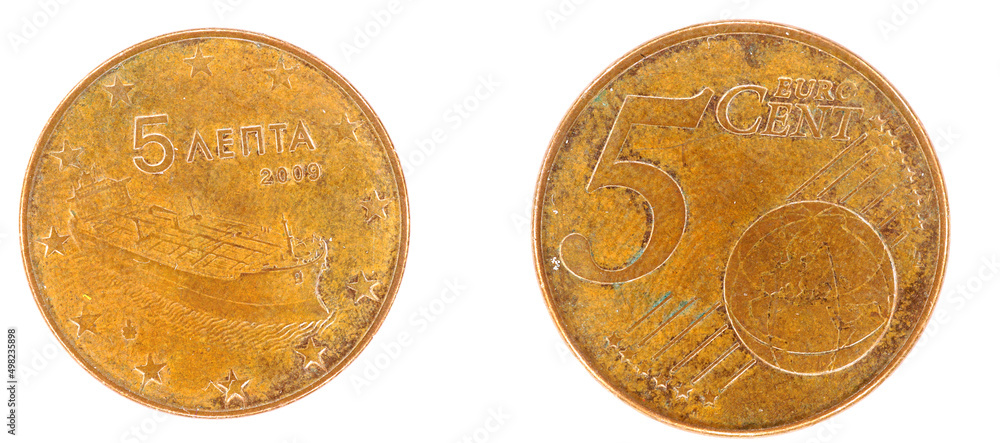Five, 5 eurocents, coin, two sides. High resolution. Five, 5 eurocents, coin, two sides. High resolution.