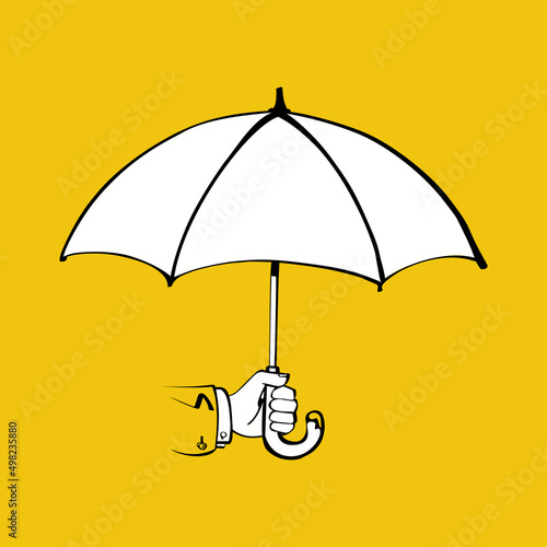 Human holding umbrella in hand. Cartoon style. Vector illustration sketch design. Protection concept. Isolated on yellow background. Security symbol.