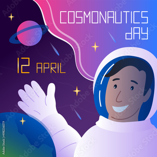 Cosmonautics Day. 12 april. International Day of Human Space Flight. Cosmonaut in space suits in spacewalk on dark background near earth. Vector illustration of cosmos
