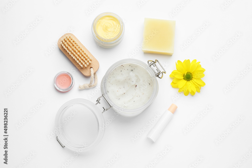 Flat lay composition with beeswax cosmetics on white background Flat lay composition with beeswax cosmetics on white background