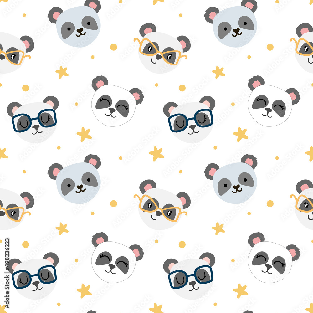 Seamless pattern with cute hand drawn panda bears. Yellow stars with soft edges. Best for textile or websites. Seamless pattern with cute hand drawn panda bears. Yellow stars with soft edges. Best for textile or websites.