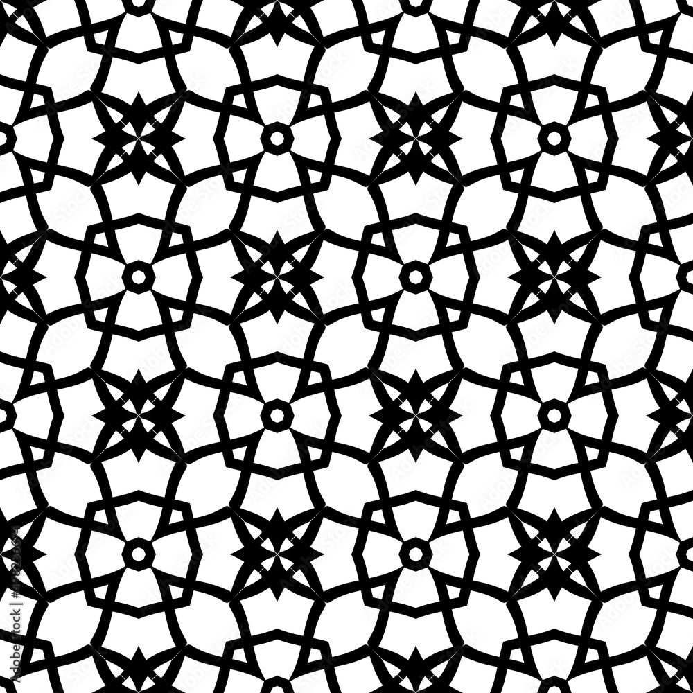 Abstract endless geometric texture illustration of symmetric lattice repeat tiles. Simple minimalist black & white background. Design for prints, textile, decor.Geometric texture with curved shapes.