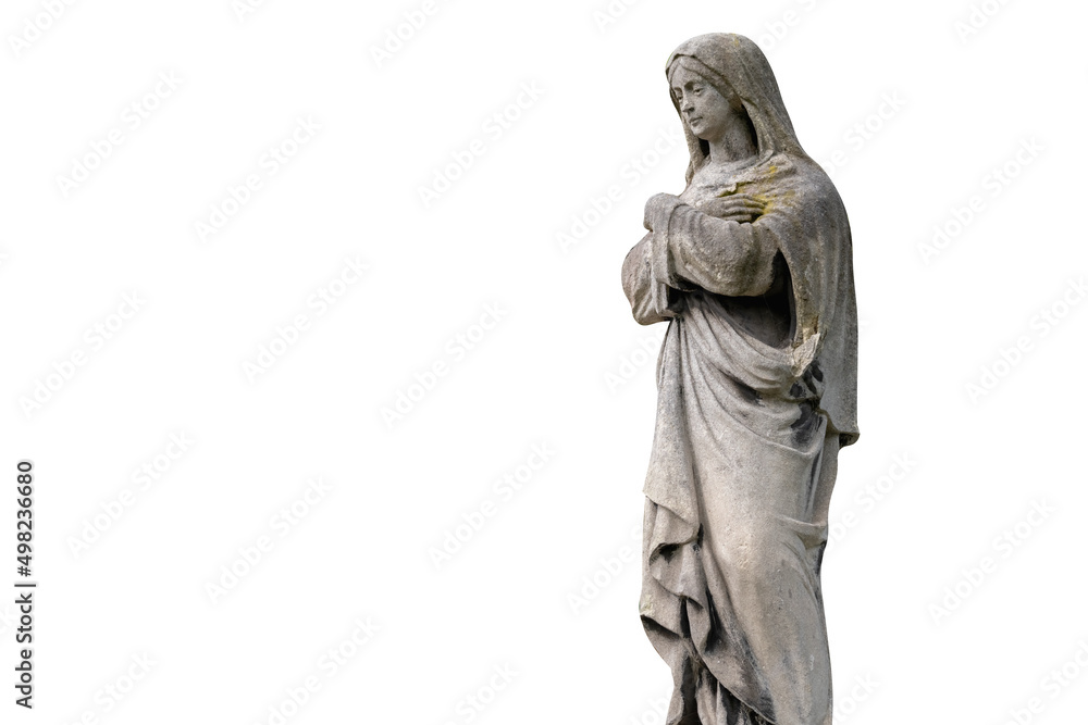 Virgin Mary statue. Ancient sculpture isolated on white background. Copy space.