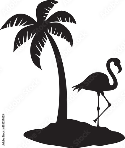 Tropical island with palm tree and flamingo bird. Vector illustration.