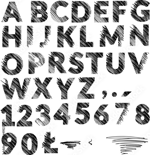 Hatched font. Alphabet set with numbers