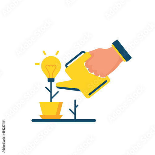 Idea growth. Watering can in the hands of a businessman. Investment and development. Vector illustration flat design. Growing sprout light bulb. Symbol for progress and prosperity.