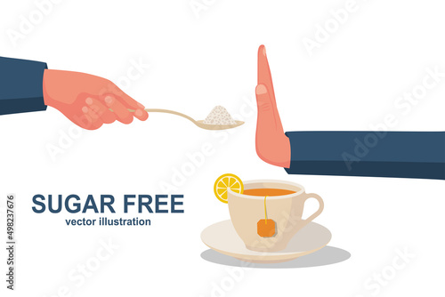 Sugar free. No sugar sign. Prohibitory sign crossed out a spoon with sweets. Ban on sweets. Harmful product. Healthy lifestyle. Vector illustration flat design. Isolated on white background.