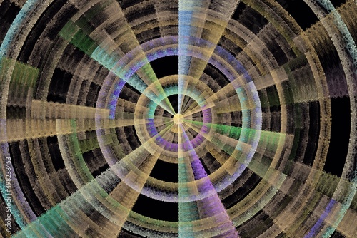 Multicolored round pattern of rays on a black background. Abstract image. 3D fractal rendering