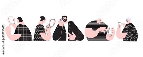 Set of people talking by modern telephone
