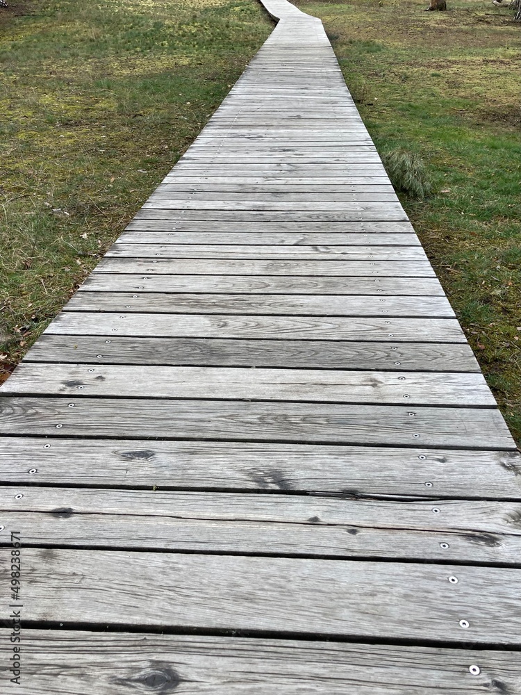 a path of weathered gray wooden planks across a meadow through nature 