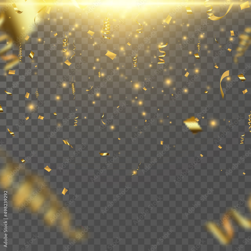 Gold serpentine and confetti isolated on black background. Vector illustration.	