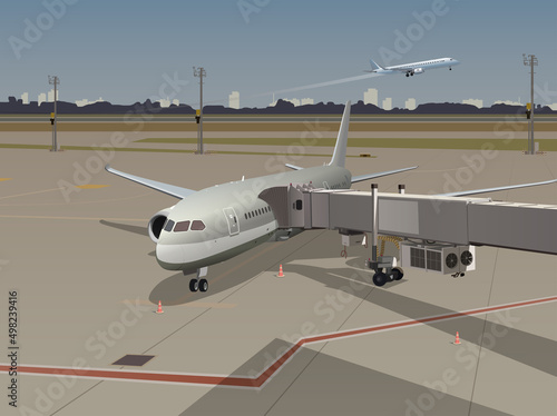 Airport, planes take off and land. Vector.