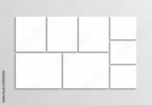 Collage layout. Photo moodboard template. Mood board grid. Mosaic pictures frame. Gallery banner. Album brandboard. Organised portfolio. White images isolated on gray background. Vector illustration