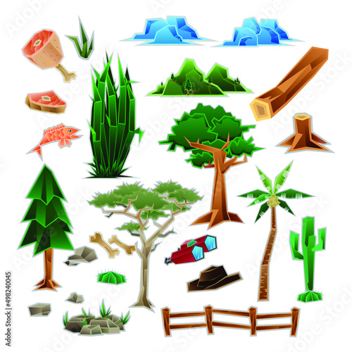 Low poly safari object vector illustration set