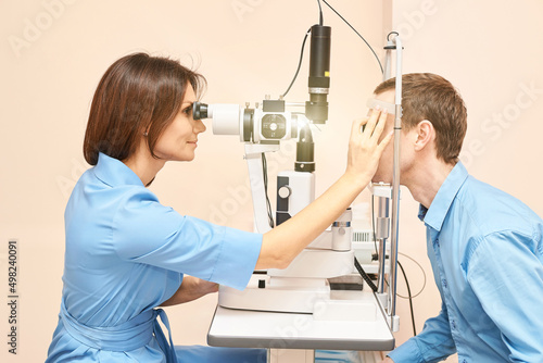 ophthalmologist medical patient. Eye clinic treatment. Hospital optics equipment. Choosing vision pain eyedrop. conjunctivitis diagnosis doctor. optometry allergy pain