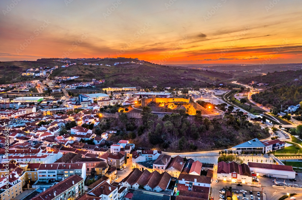 Aerial view of the Torres Vedras Castle near Lisbon in Portugal at sunset