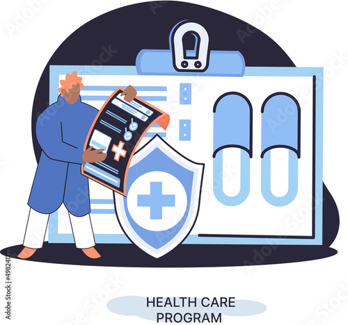 Health care program metaphor, online medical services, protection medicine. Medical insurance, hospital services, preventive check up, sick leave certificate treatment diagnosis patients, telemedicine