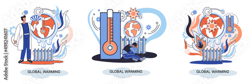 Global warming metaphor, human climate change, emissions destroy atmosphere and air, natural disaster, deforestation, global heating, lack of plants and drought. Environmental catastrophe on planet