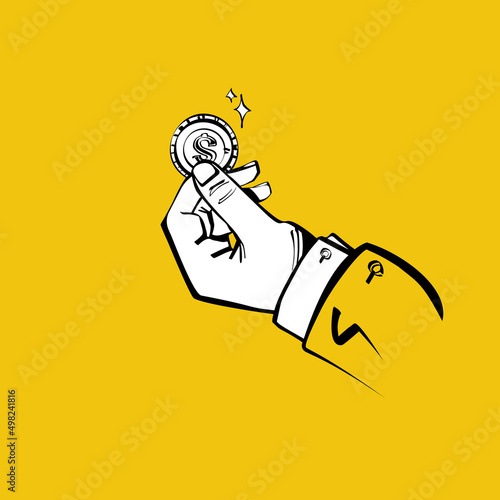 Coin in hand. Vector illustration sketch design. Holding money in palm human. Pay cash. Gold dollar. Isolated on yellow background. Donat icon. Giving, receiving money.