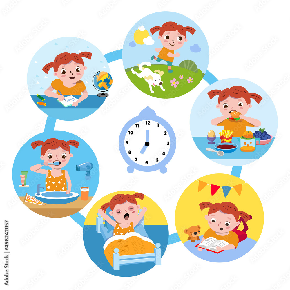 Little girl read book, do homework, play, wake up, eat, brush teeth. Healthy daily morning vector illustration. Children activity. Education and rest. Cute cartoon character. Little girl read book, do homework, play, wake up, eat, brush teeth. Healthy daily morning vector illustration. Children activity. Education and rest. Cute cartoon character.