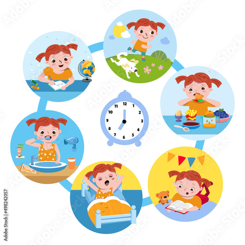 Little girl read book, do homework, play, wake up, eat, brush teeth. Healthy daily morning vector illustration. Children activity. Education and rest. Cute cartoon character.