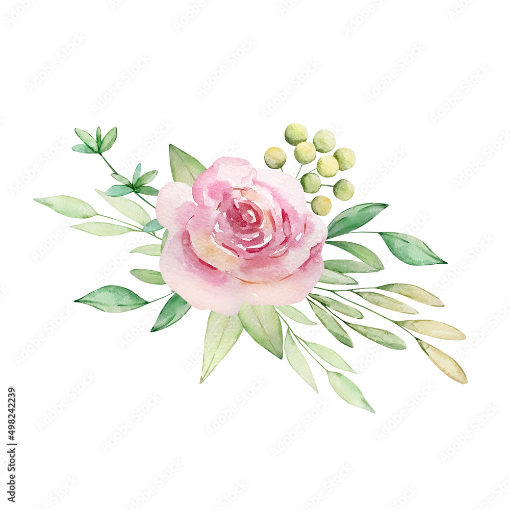 Watercolor illustration of a bouquet of light pink roses