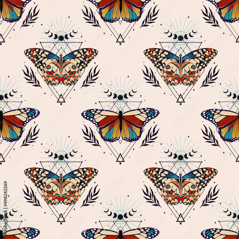 Magic illustration with butterflies and crescents. Contemporary composition. Trendy texture for print, textile, packaging.