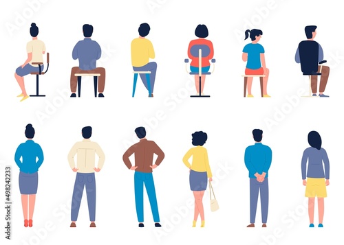 People in different poses. Backside standing and sitting pose of woman and man. Flat business and office characters, businessman, students, recent vector kit