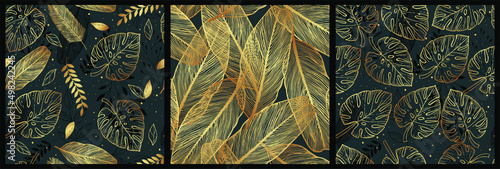 Set of black and golden tropical leaves on a dark green background. Monstera leaf outlines in seamless pattern.  Botanical background. 