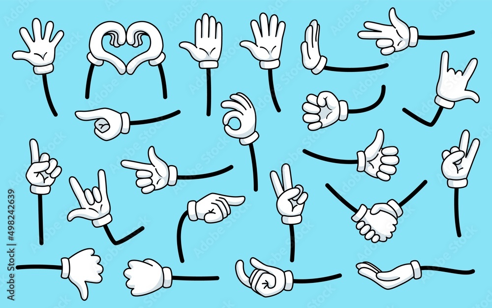 Cartoon gloves hands. Comics arms, hand mascot in white glove. Isolated arm and fingers gestures variations, handshake, ok sign, garish vector set