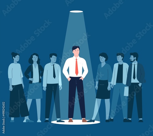 Unique businessman. Talent person in spotlight, recruit and successful career. Business choose individual employee, opportunity and leadership recent vector scene