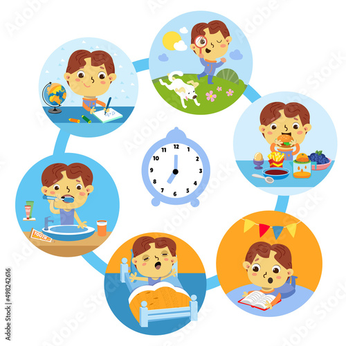 Boy read book, do homework, play, wake up, eat, brush teeth. Healthy daily routine vector illustration. Children activity. Education and recreation. Cute cartoon character.