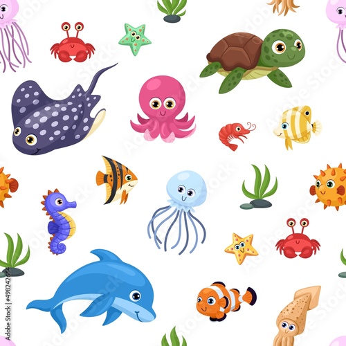 Cartoon ocean animal seamless pattern. Fun animals, tropical sea wildlife characters. Cute turtle, starfish and dolphin. Colorful garish childish vector print