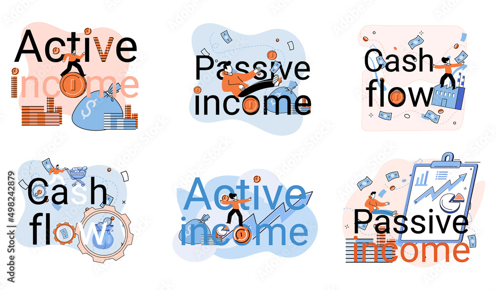 Active and passive income concept. Idea of financial growth and development with investments, interest on deposits, dividends. Set of illustrations about earnings, profit, cash and money flow