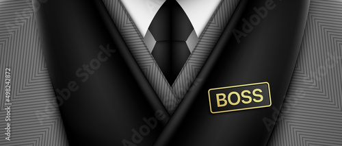 A businessman person closeup, dressed in a gray costume, with a black scarf and tie, and a BOSS badge, vector illustration.