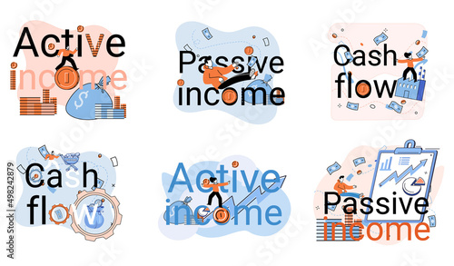 Active and passive income concept. Idea of financial growth and development with investments  interest on deposits  dividends. Set of illustrations about earnings  profit  cash and money flow