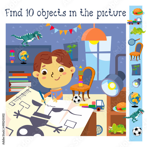 Find 10 hidden objects. Educational game for children. Cute boy draws models of robot. Cartoon character. Vector illustration. 