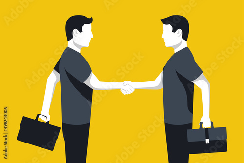 Handshake symbol successfu deal. Partnership concept. Business meeting. Two businessmen in suits with briefcase shake hand. Vector illustration flat design isolated on background. Professional people.