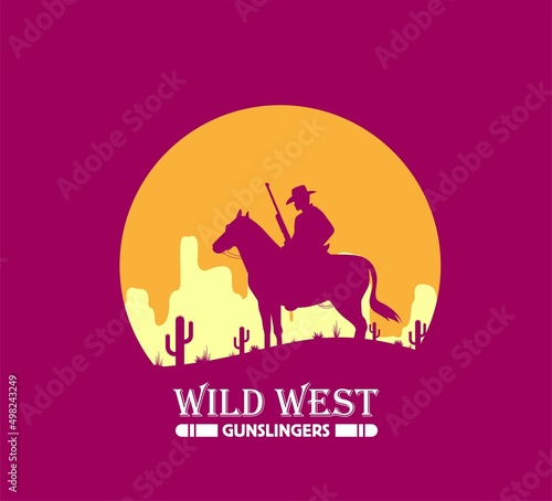 Western desert landscape at sunset with cowboy silhouette vector illustration.