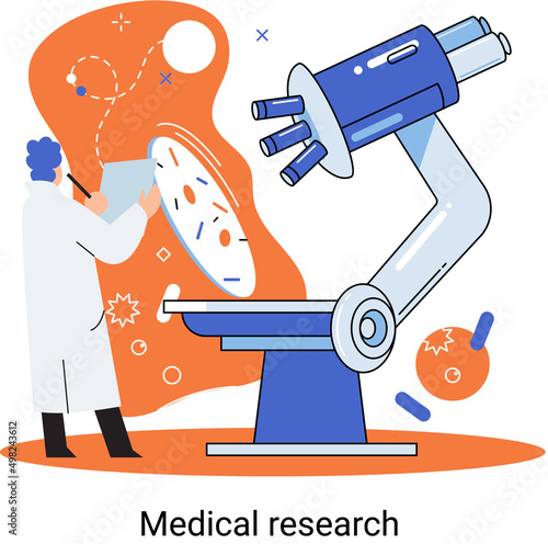 Medical research metaphor. Laboratory diagnostic services, Scientists work equipment and microscope. Virologists chemistry clinic laboratories, microbiology pharmaceutical research. Vaccine discovery