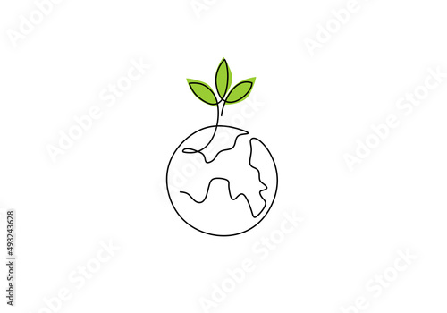 One continuous single line of seed on world for go green concept isolated on white background.