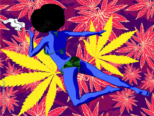 A afro hair lady dressed swimsuit. Flying in the psyhodelic space around cannabis leaf and seamless background with marijuana leafs