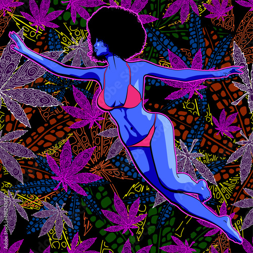 A afro hair lady dressed swimsuit. Flying in the psyhodelic space around cannabis leaf and seamless background with marijuana leafs